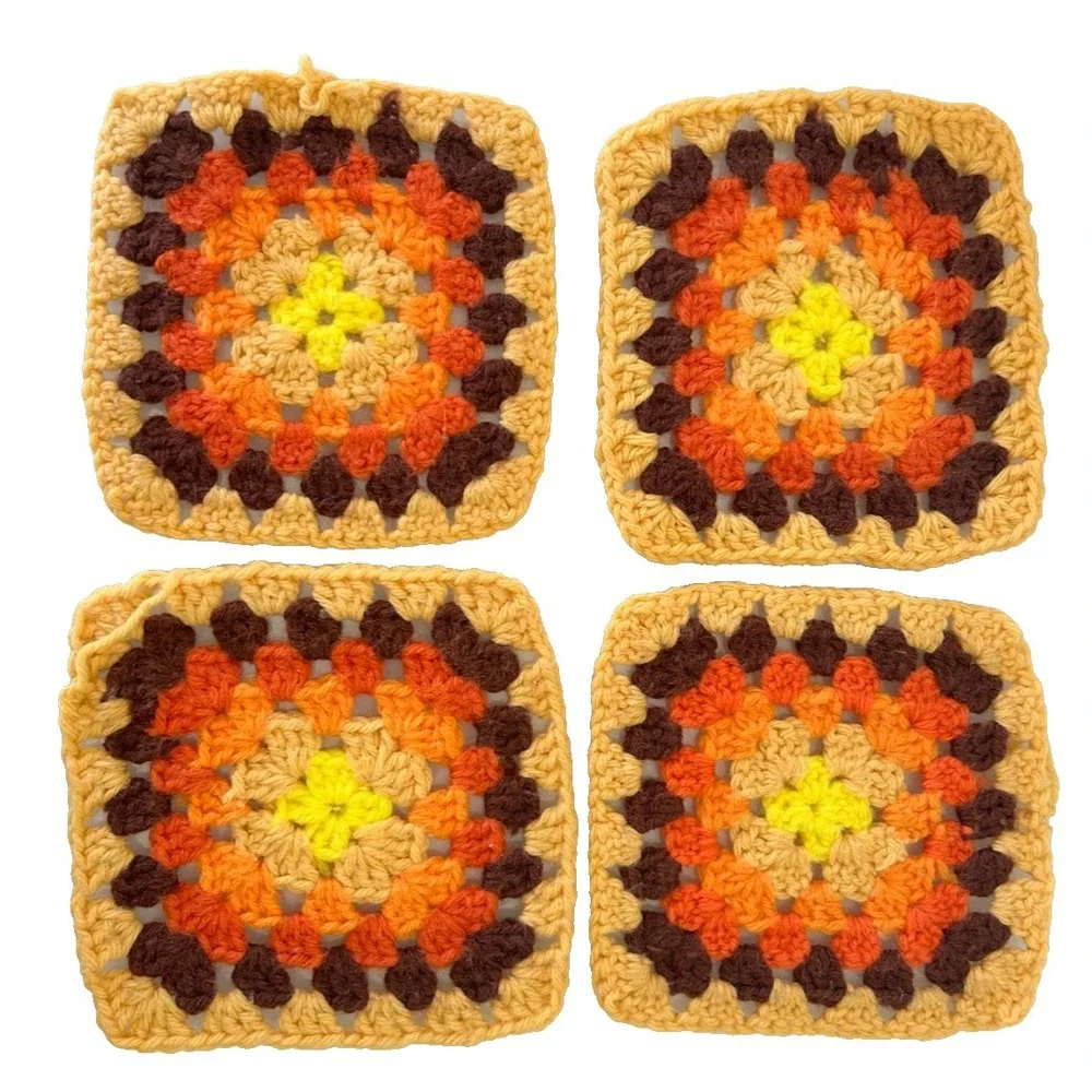 Vintage 1970 MCM Hand Crocheted Brown Square Hot Pad Pot Holder Trivet Set 4 NOS